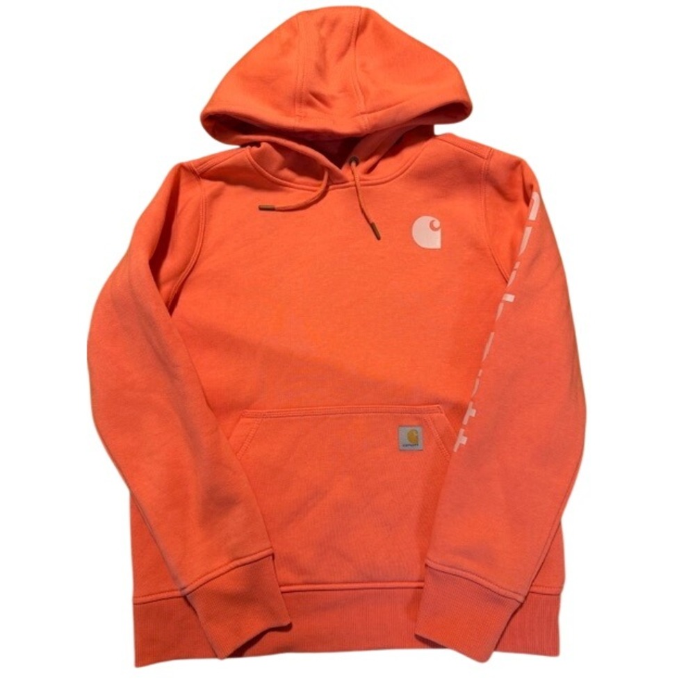 Carhartt Womens Relaxed‎ Fit Graphic Logo Pullover Hoodie Coral Orange Small 4-6
